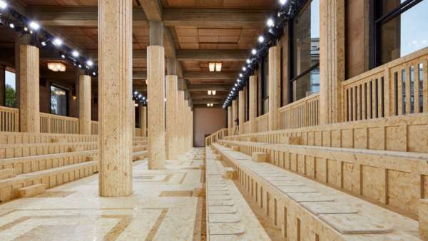 時(shí)裝發(fā)布展覽活動(dòng)現(xiàn)場(chǎng)用不同紋路的木頭創(chuàng)造了視覺(jué)差異，經(jīng)典而不無(wú)聊