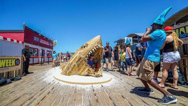 探索頻道「鯊魚周」30周年的推廣活動(dòng)策劃了一場(chǎng)鯊魚藝術(shù)裝置